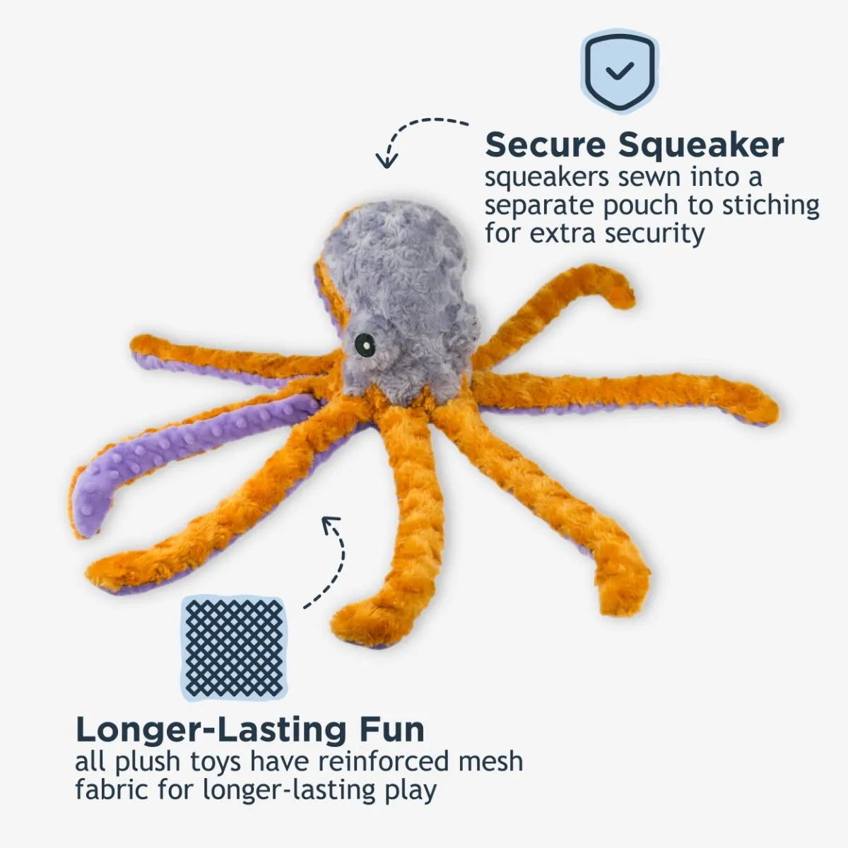 Tall Tails 14” Octopus Plush Dog Toy with squeaker sewn into a separate pouch, reinforced mesh for long-lasting play.