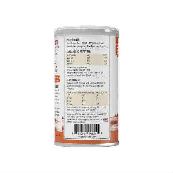 Back view of The Honest Kitchen - Beef & Turmeric Instant Beef Broth can highlighting the ingredients and nutritional information.