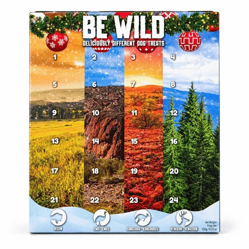 Be Wild Dog Advent Calendar with 24 festive illustrated windows – a Christmas countdown hiding daily exotic dog treats made with four rare novel proteins, bison, emu, kangaroo, and venison, to add exciting variety to your dog's holiday diet