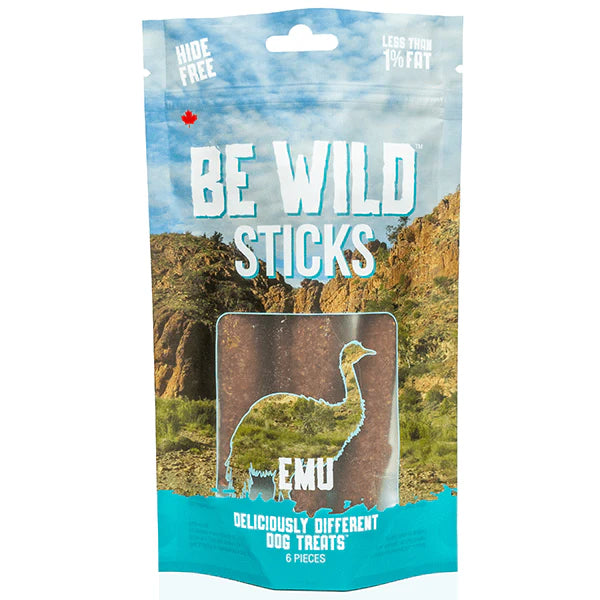 A bag of Be Wild Exotic Sticks - Emu, featuring high-protein, crunchy dog treats made with real emu, sweet potato, and citrus pulp, perfect for dogs with food sensitivities.