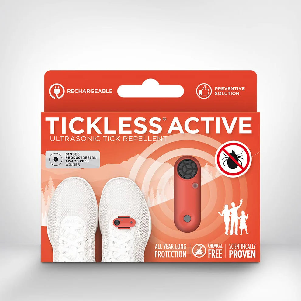 An image of the Tickless Active ultrasonic tick and flea repellent in red, showcased in its packaging, highlighting its compact and stylish design.