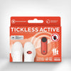 An image of the Tickless Active ultrasonic tick and flea repellent in red, showcased in its packaging, highlighting its compact and stylish design.