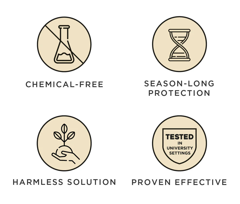 An image highlighting the benefits of the Tickless Mini Dog repellent, including its chemical-free nature, harmless solution, all-season usability, and proven effectiveness.