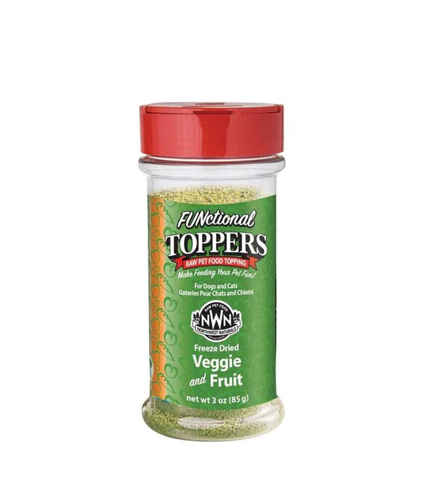 Front view of Northwest Naturals Functional Meal Toppers – Veggie & Fruit jar, showing a vibrant mix of natural fruit and vegetable ingredients that enhance mealtime flavour and provide antioxidants, fibre, and essential nutrients for dogs and cats.