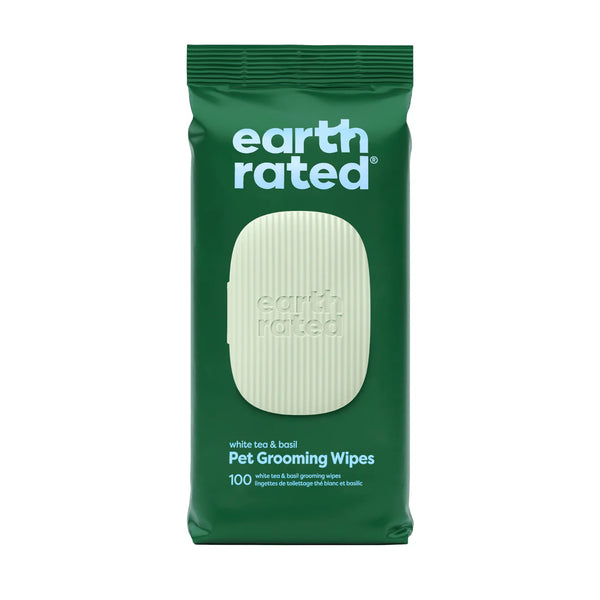 Image showing the front of the Earth Rated Grooming Wipes package in White Tea & Basil, highlighting its plant-based, hypoallergenic formula ideal for sensitive dogs.