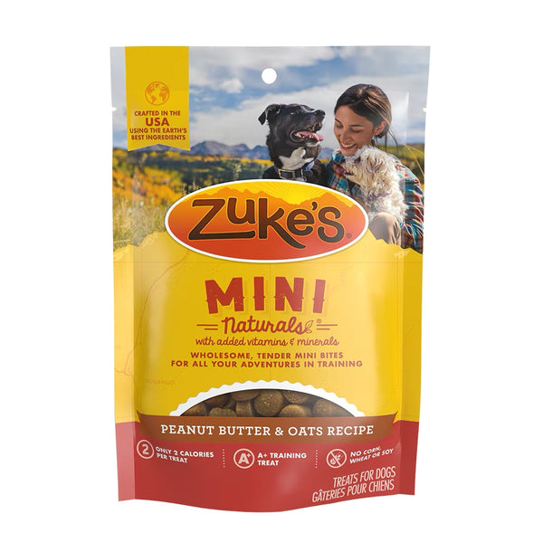 Front view of Zuke’s Mini Naturals Peanut Butter & Oats Dog Treats bag, highlighting the product’s branding and key features