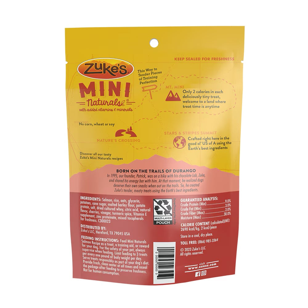 Back view of Zuke’s Mini Naturals Salmon Dog Treats bag, showing nutritional details and ingredient list.