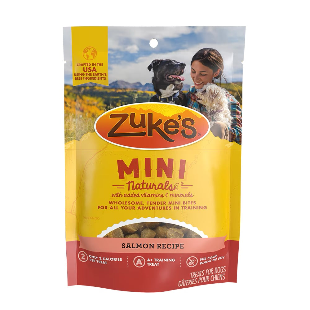 Front view of Zuke’s Mini Naturals Salmon Dog Treats bag, highlighting the product’s branding and features.