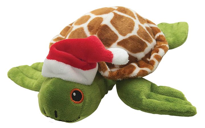 Side view of Snugarooz Shelldon Claus Holiday Dog Toy, featuring a Santa hat, eco-friendly materials, crinkle, and squeaker for an engaging holiday playtime experience.