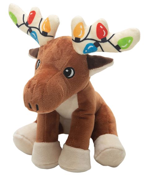 Snugarooz Holiday Marty Christmas Dog Toy with colourful lights and eco-friendly design, featuring crinkly antlers and squeaker for engaging holiday play.