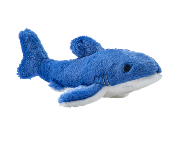 Close-up of Baby Bruce the Shark plush dog toy featuring an extra-small 8-inch design, ultra-soft premium fabric, reinforced Tuffweb™ mesh lining, embroidered safety details, and durable construction ideal for puppies, toy breeds, and gentle everyday play.