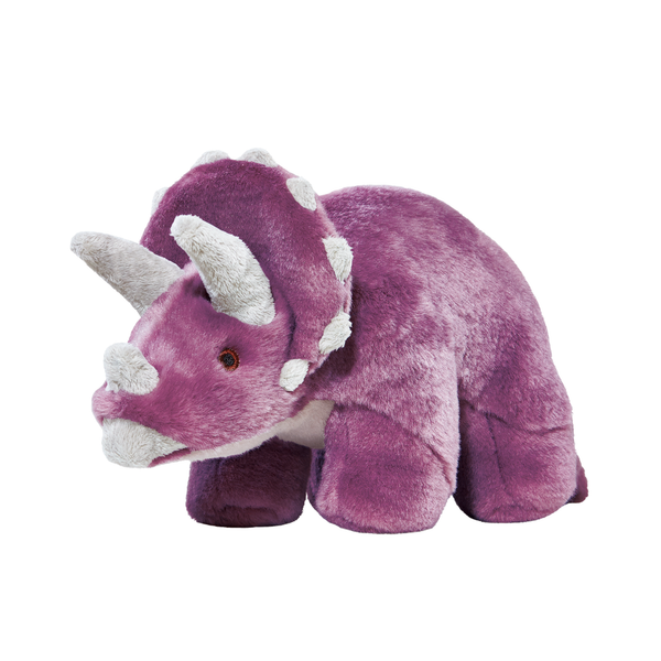 Close-up of Charlie the Triceratops plush dog toy featuring three sturdy horns, a strong tail, ultra-soft premium fabric, reinforced Tuffweb™ mesh lining, embroidered safety details, and durable construction designed for tugging, shaking, carrying, and interactive play.