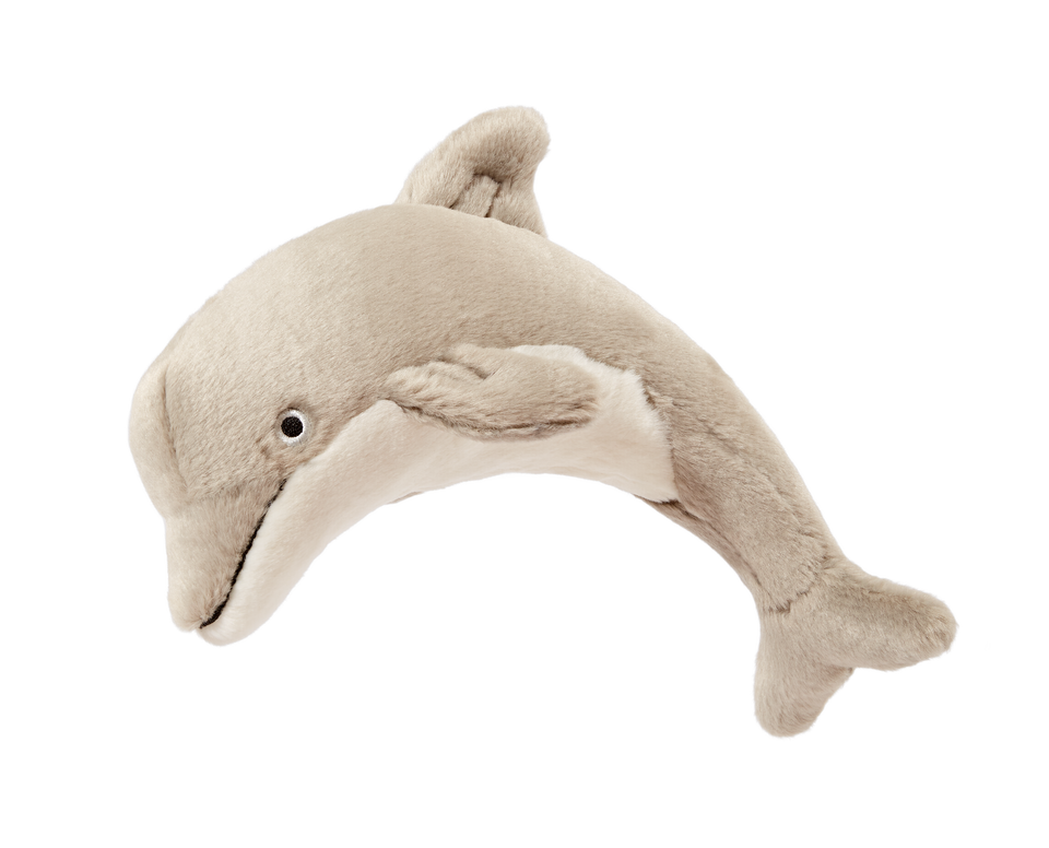 Close-up of Danny the Dolphin plush dog toy featuring a streamlined dolphin shape, long nose, soft fins, reinforced Tuffweb™ mesh lining, embroidered safety details, and durable construction designed for tugging, shaking, carrying, and interactive play.
