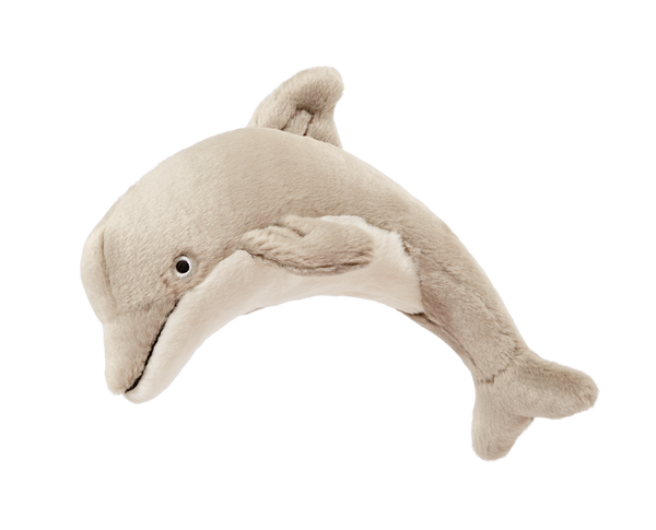 Close-up of Danny the Dolphin plush dog toy featuring a streamlined dolphin shape, long nose, soft fins, reinforced Tuffweb™ mesh lining, embroidered safety details, and durable construction designed for tugging, shaking, carrying, and interactive play.