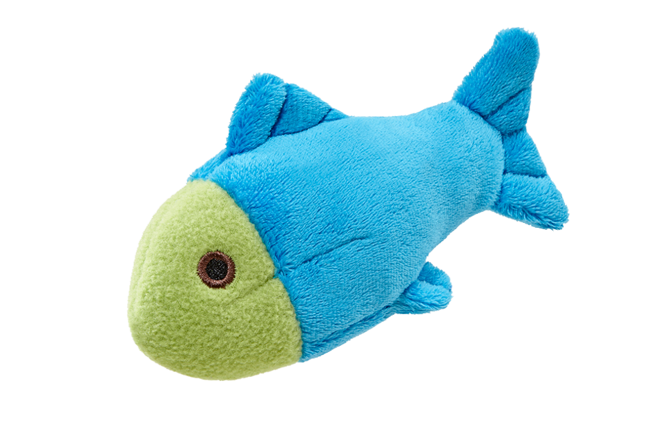 Close-up of Molly the Fish plush dog toy featuring an extra-small 4-inch design, ultra-soft premium fabric, reinforced Tuffweb™ mesh lining, embroidered safety details, and durable construction created specifically for puppies, toy breeds, and gentle play.
