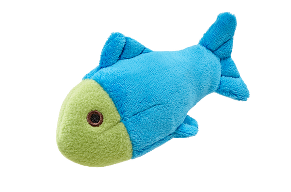 Close-up of Molly the Fish plush dog toy featuring an extra-small 4-inch design, ultra-soft premium fabric, reinforced Tuffweb™ mesh lining, embroidered safety details, and durable construction created specifically for puppies, toy breeds, and gentle play.