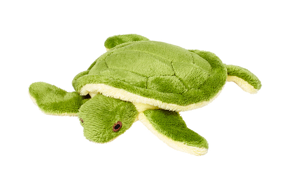 Close-up of Shelly the Turtle plush dog toy featuring a compact 4-inch design, floppy sewn-on legs, ultra-soft premium fabric, reinforced Tuffweb™ mesh lining, embroidered safety details, and durable construction ideal for puppies and small dogs.