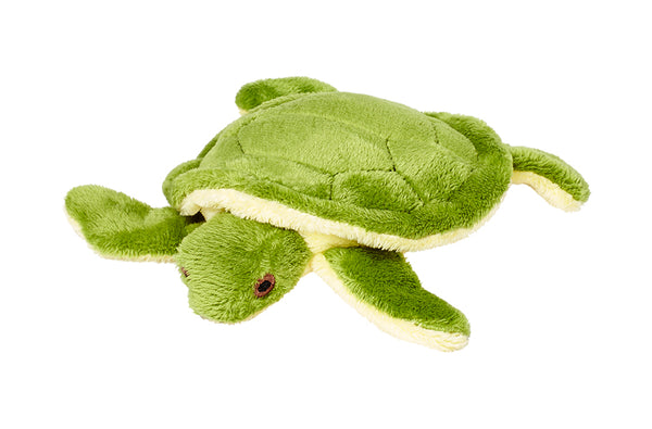 Close-up of Shelly the Turtle plush dog toy featuring a compact 4-inch design, floppy sewn-on legs, ultra-soft premium fabric, reinforced Tuffweb™ mesh lining, embroidered safety details, and durable construction ideal for puppies and small dogs.