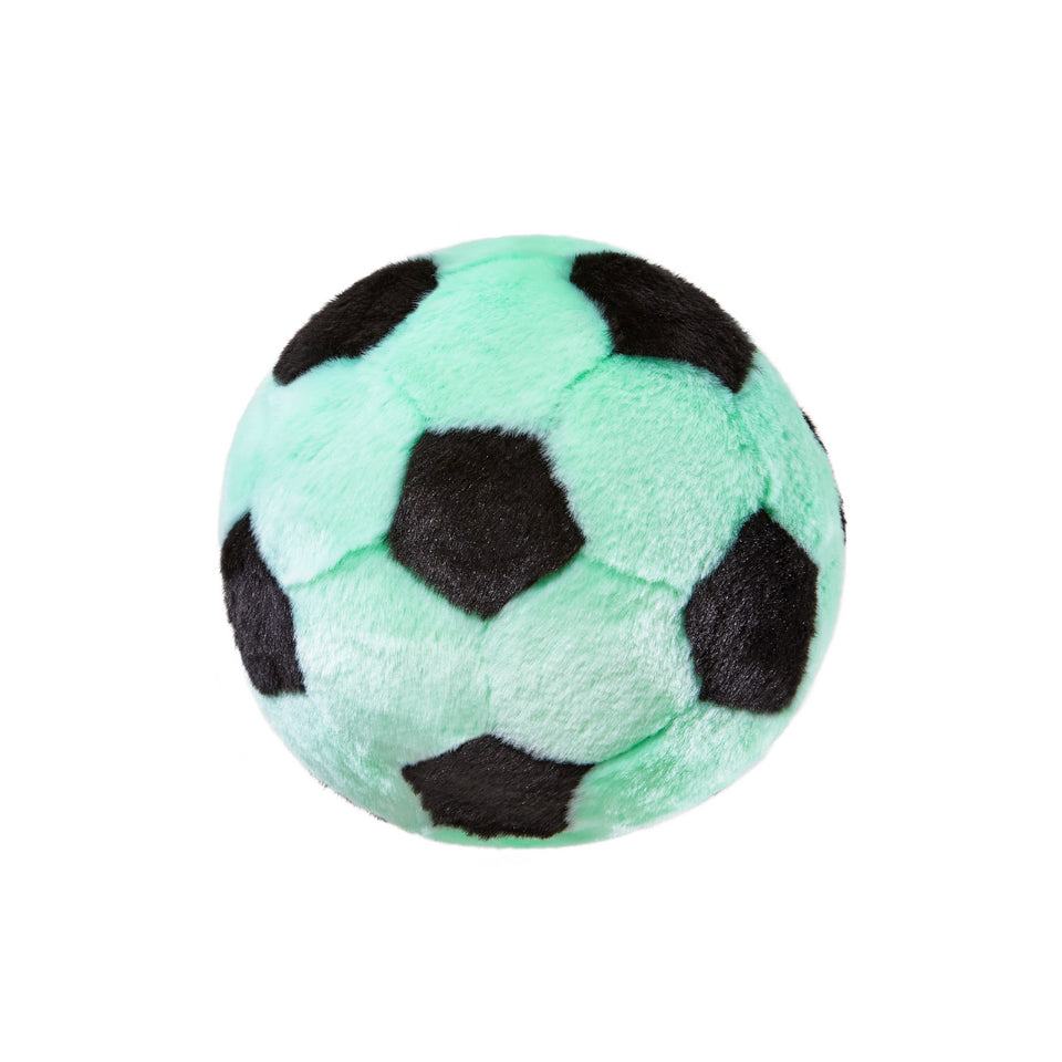 Close-up of the Fluff & Tuff Squeakerless Soccer Ball dog toy featuring a soft plush exterior, durable Tuffweb™ mesh reinforcement, non-toxic filling, and a large 7-inch design created for quiet fetching, carrying, shaking, and interactive play.