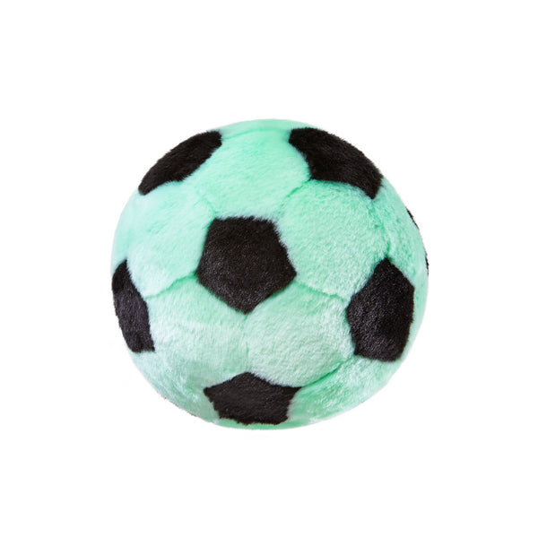Close-up of the Fluff & Tuff Squeakerless Soccer Ball dog toy featuring a soft plush exterior, durable Tuffweb™ mesh reinforcement, non-toxic filling, and a large 7-inch design created for quiet fetching, carrying, shaking, and interactive play.