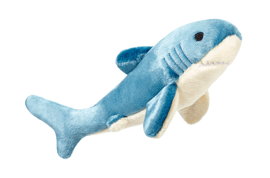 Close-up of Baby Bruce the Shark plush dog toy featuring an extra-small 8-inch design, ultra-soft premium fabric, reinforced Tuffweb™ mesh lining, embroidered safety details, and durable construction ideal for puppies, toy breeds, and gentle everyday play.