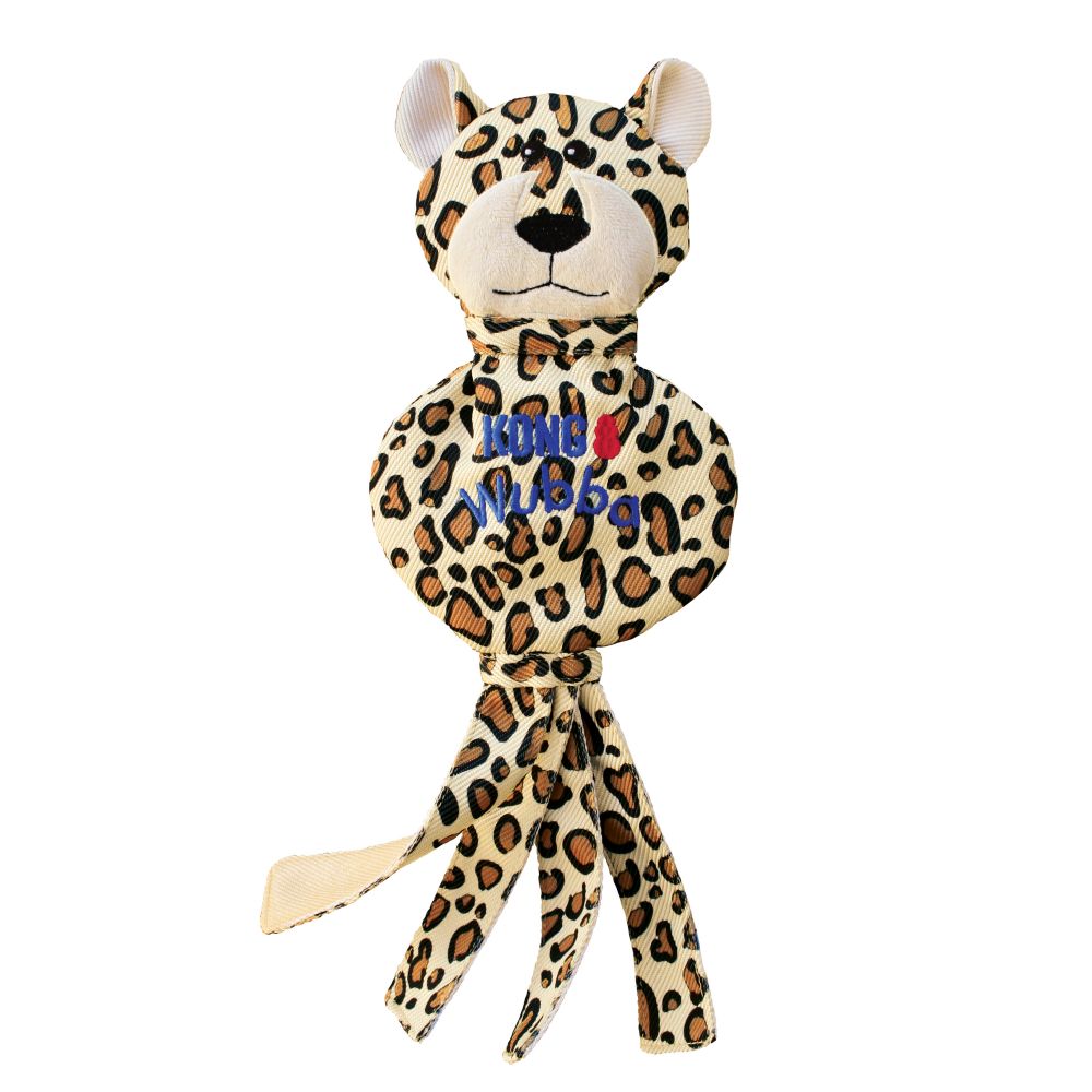 Front view of Kong Wubba No Stuff Cheetah dog toy showcasing its long tails and cheetah pattern.