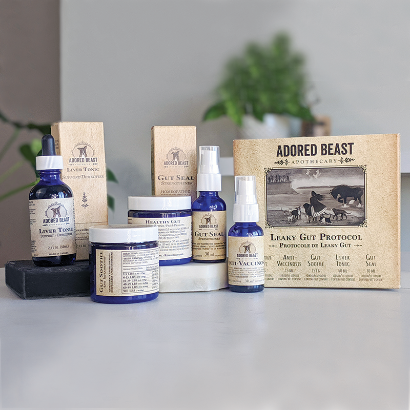 Adored Beast Leaky Gut Protocol: Bottles with label featuring natural ingredients, targeting the root cause of health issues like skin problems, allergies, and digestive disorders.