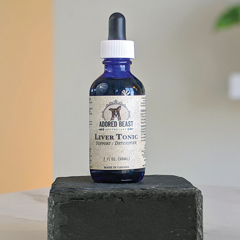 Adored Beast Liver Tonic: Bottle with label featuring natural ingredients, supporting liver health through cell regeneration and toxin filtration