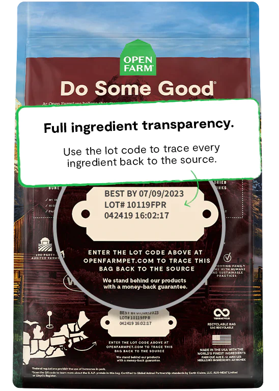 An image demonstrating Open Farm's commitment to transparency, showcasing their ethically sourced ingredients, sustainable practices, and detailed product information.