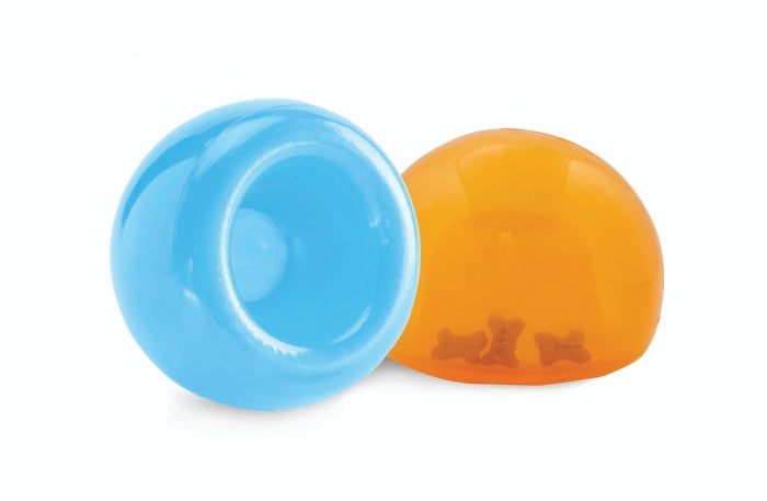 Planet Dog - Orbee Tuff Snoop interactive puzzle toy, shown in blue and orange, highlighting both the top and bottom views of the toy.