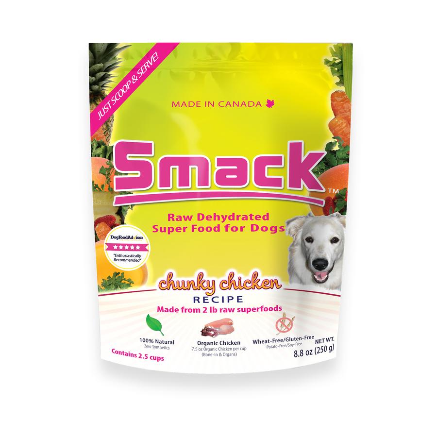 Front view of Smack Dehydrated Raw Dog Food - Chunky Chicken bag displaying the product label.