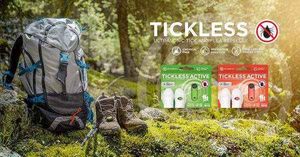 An image of the Tickless Active ultrasonic tick and flea repellent attached to a backpack, illustrating its ease of use and portability for outdoor activities.